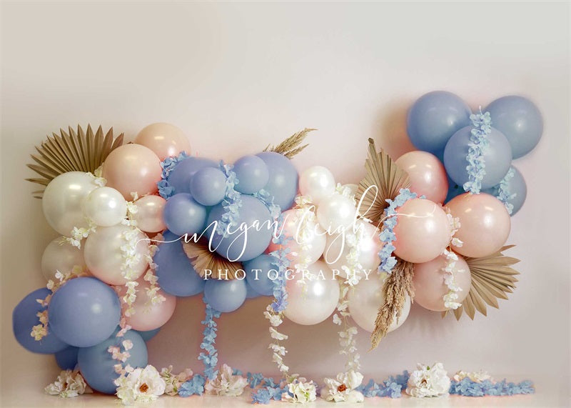 Kate Blue Floral Balloons Garland Backdrop Designed by Megan Leigh Photography -UK