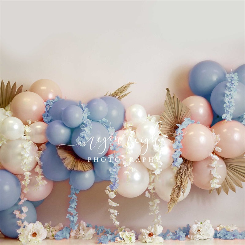Kate Blue Floral Balloons Garland Backdrop Designed by Megan Leigh Photography -UK