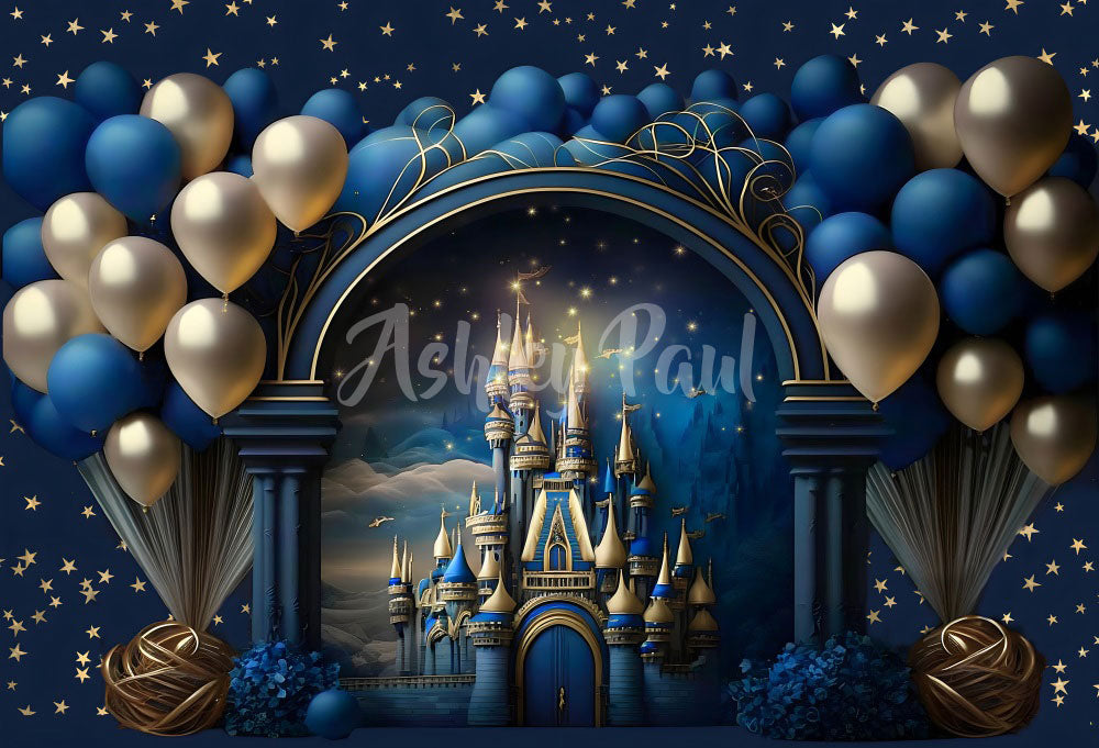 Kate Castle Blue Princess Balloons Cake Smash Backdrop Designed by Ashley Paul