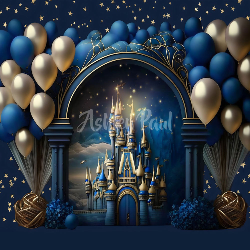 Kate Castle Blue Princess Balloons Cake Smash Backdrop Designed by Ashley Paul -UK