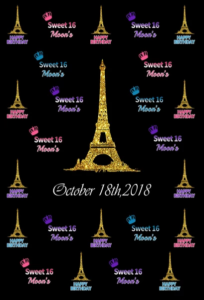 Kate Sweet Sixteen Birthday Black Backdrop with Golden Eiffel Tower Step and Repeat -UK