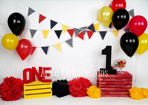 Kate Black Red Yellow Balloons 1st Birthday Backdrop Designed by Arica Kirby -UK