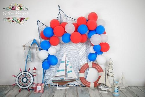 Kate Sailor Backdrop Blue&Red Balloons Sailboat Designed by Csilla Kancsar -UK