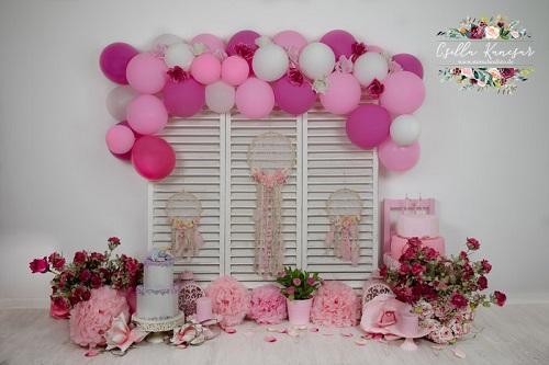 Kate Cake Smash Backdrop Pink Florals Balloons Designed by Csilla Kancsar -UK