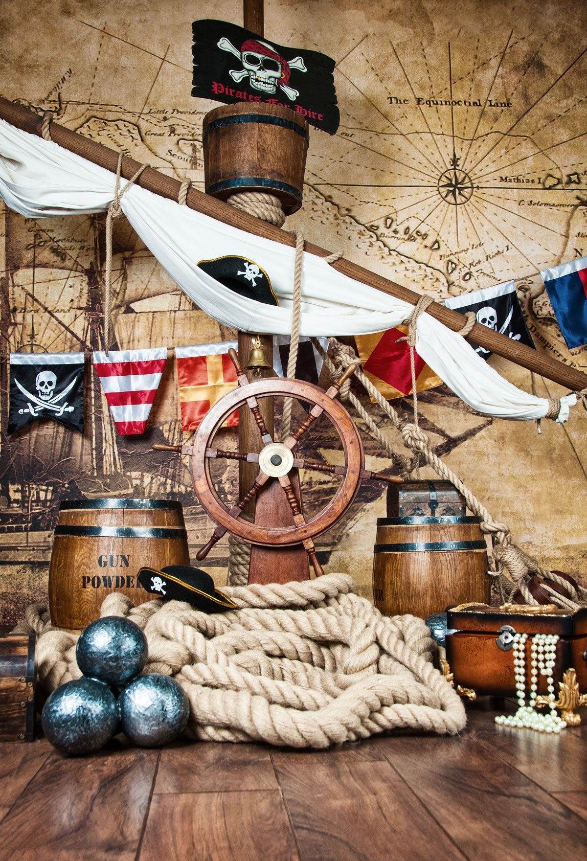 Kate Pirates Ship Backdrop Deck With Steering Wheel Flag - Kate backdrop UK