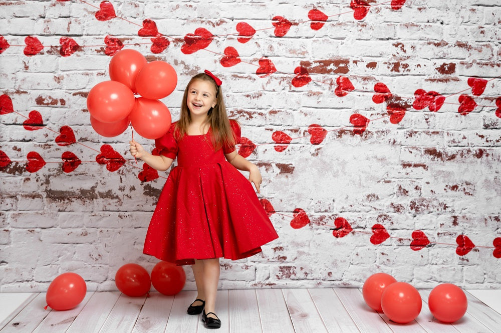 Kate white brick wall with red hearts Valentine's Day Backdrop for Photography designed by Jerry_Sina -UK