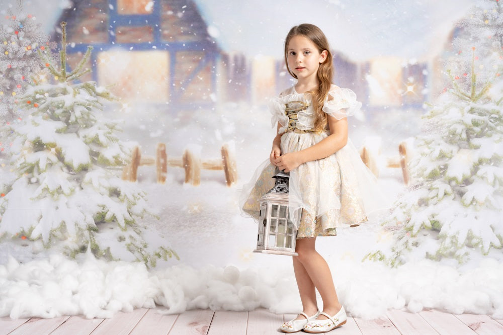 Kate Winter Christmas Snow House Tree Backdrop for Photography -UK