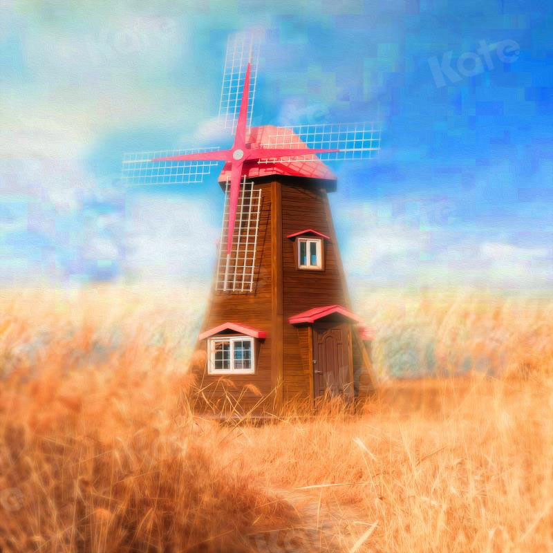 Kate Autumn Backdrop Wheatfield Red Windmill for Photography -UK