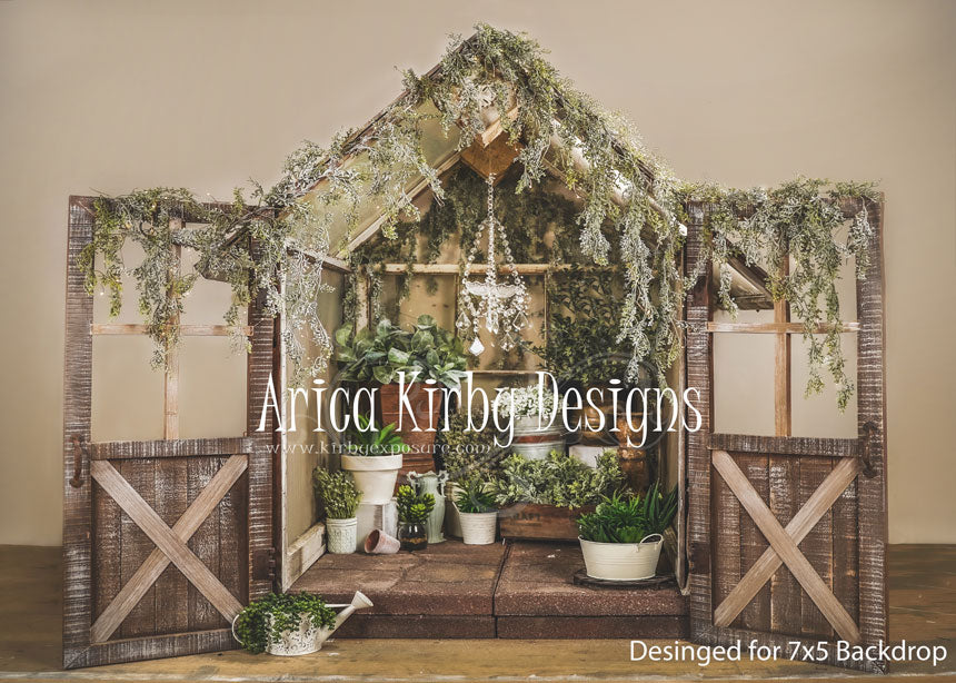 Kate 7x5ft Green House Barn Door Plants Backdrop Designed By Arica Kirby -UK