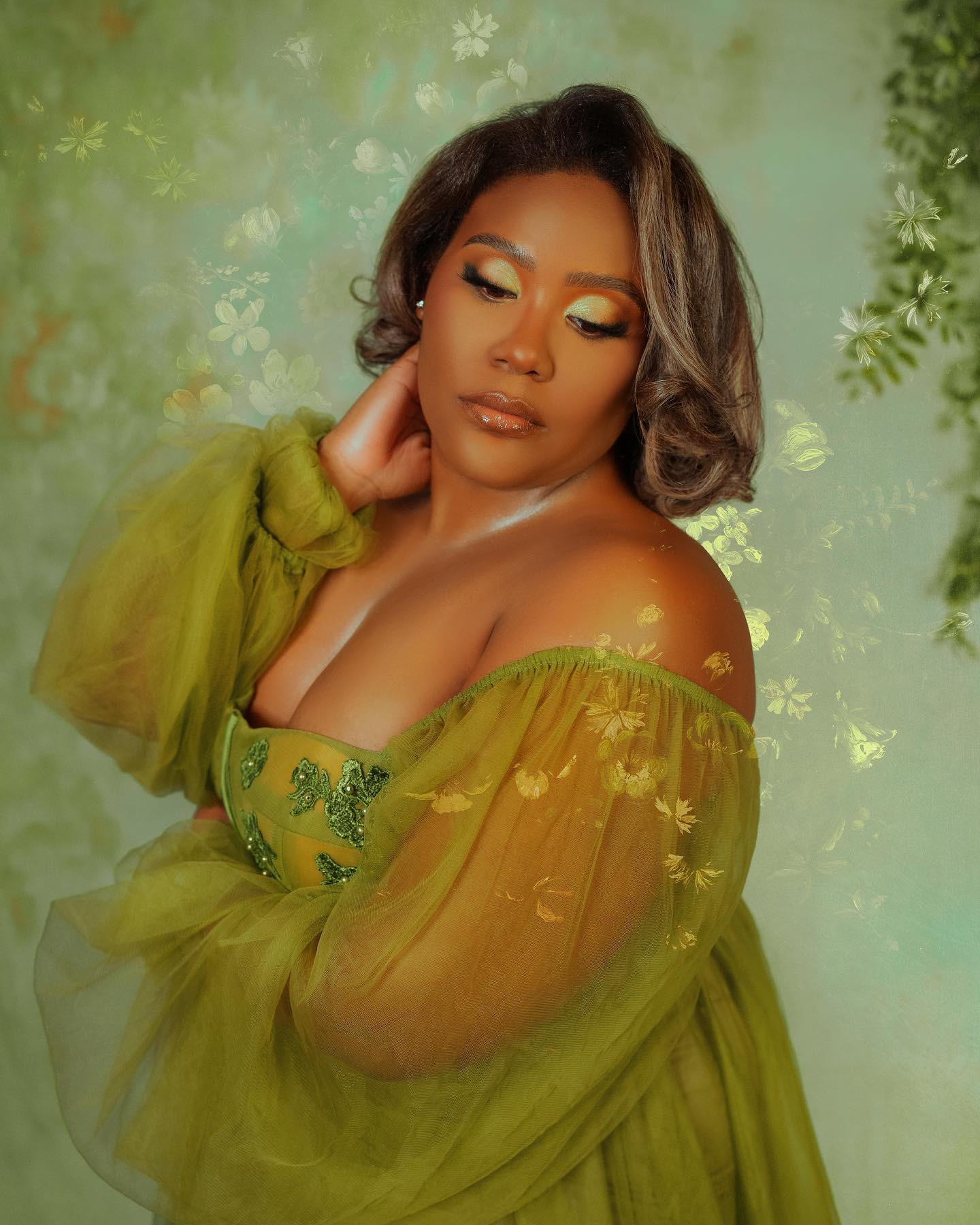 Kate Abstract Texture Cambridge Blue with Green Flowers Backdrop Designed by Jerry_Sina -UK