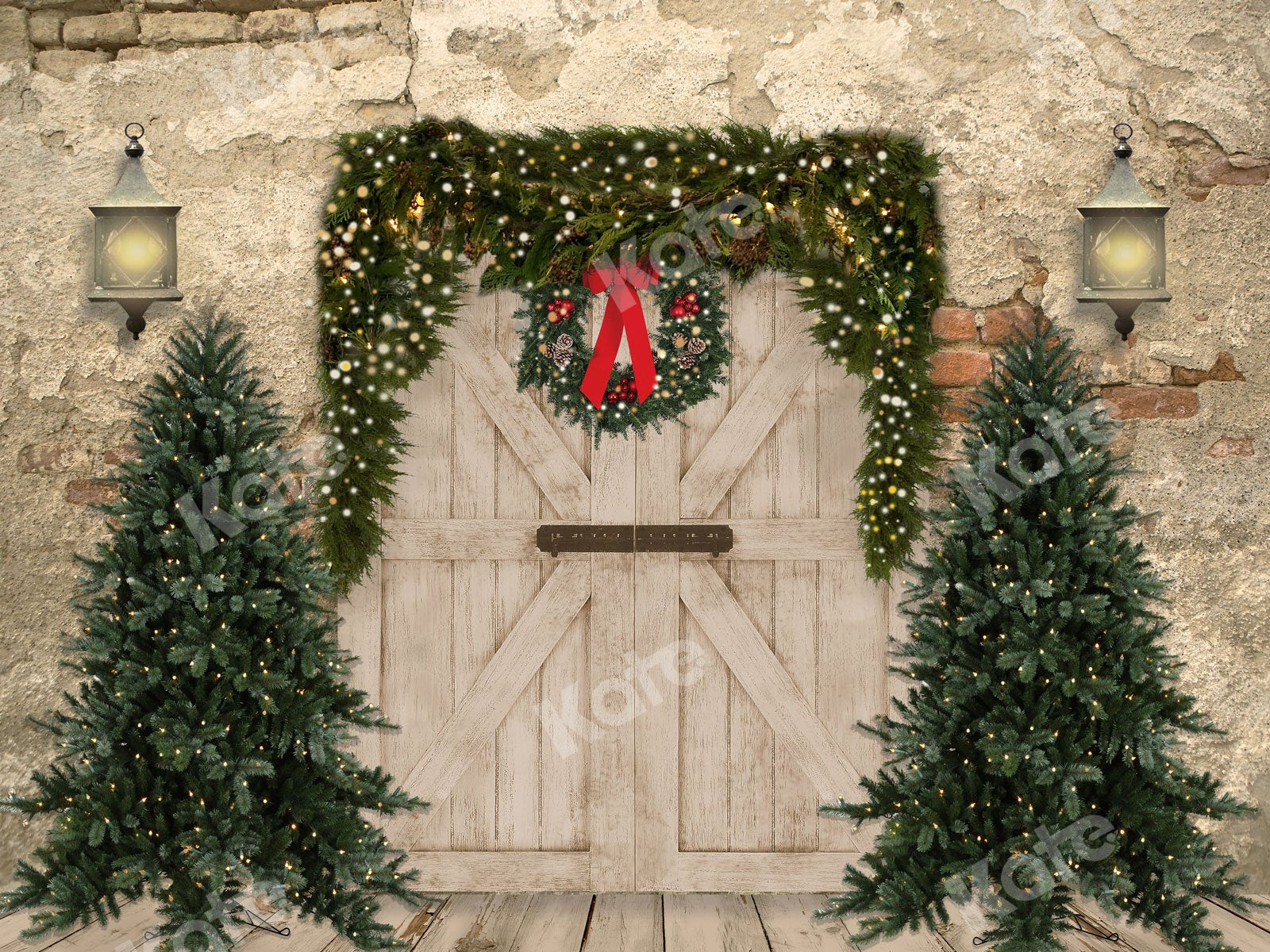 Kate Christmas Backdrop Brick Wall Door & Xmas Trees Designed By JS Photography -UK