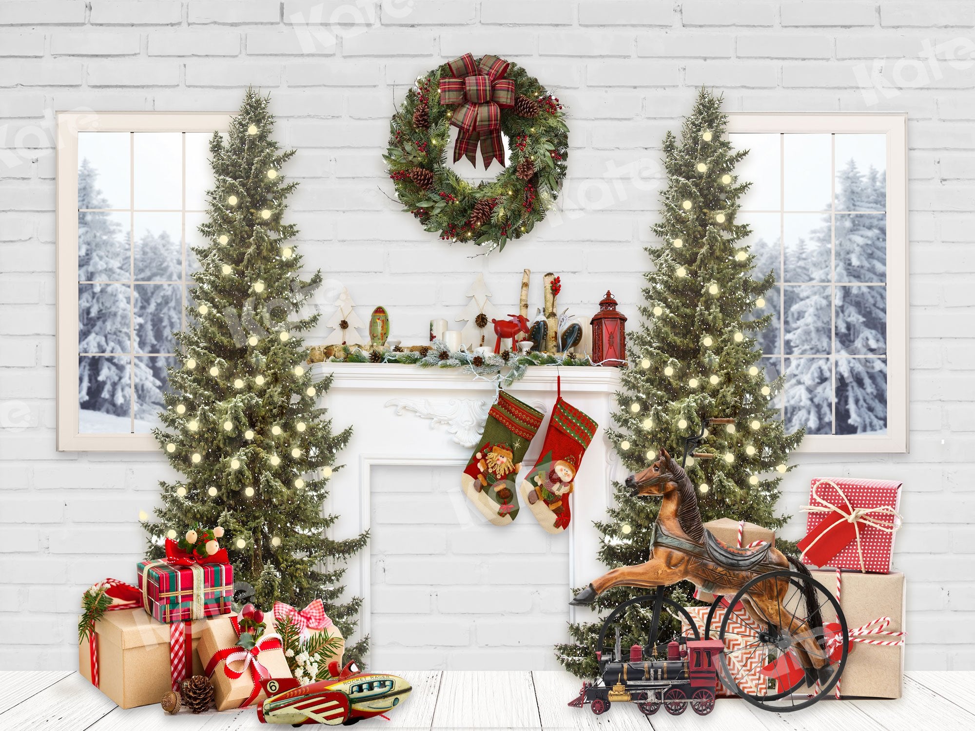 Kate Christmas Backdrop Windows Fireplace & Xmas Trees Designed By JS Photography -UK