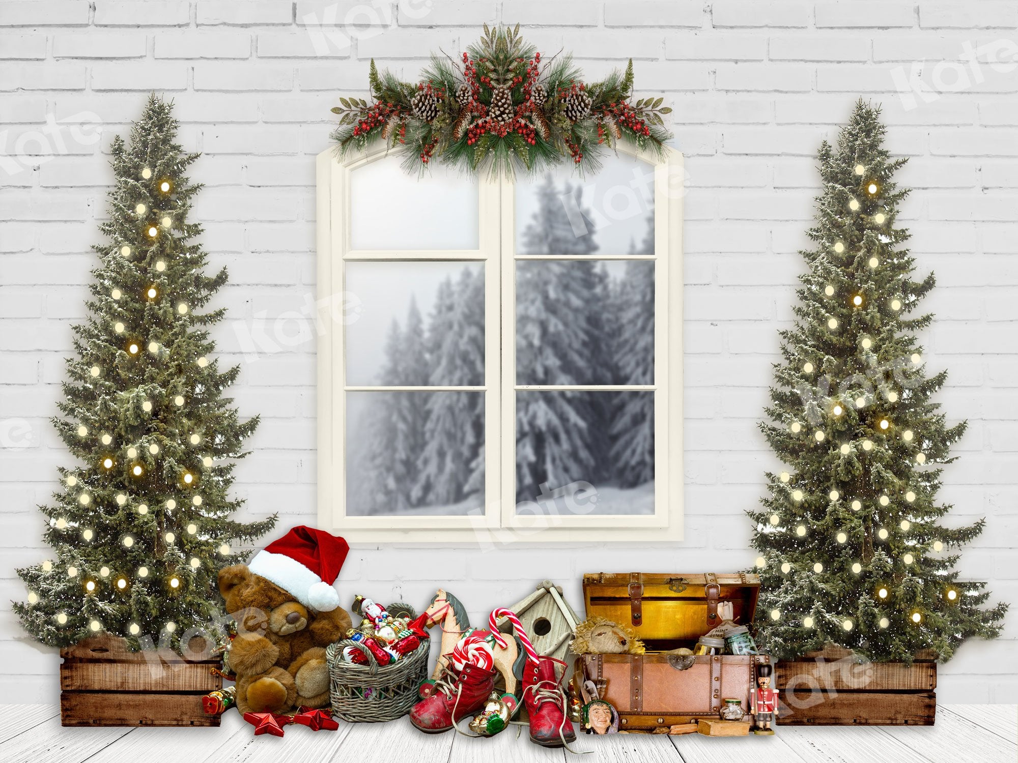 Kate Christmas Backdrop White Windows & Xmas Trees Designed By JS Photography -UK