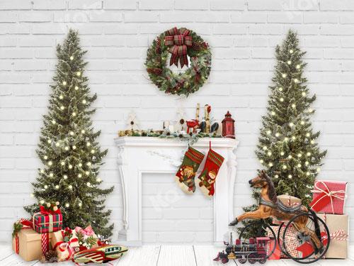 Kate Xmas Backdrop Fireplace Christmas Tree White Brick Wall Designed By JS Photography -UK