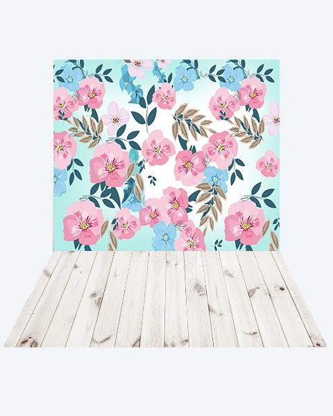Kate Spring Flowers Backdrop + Wood Floor Mat for Photography