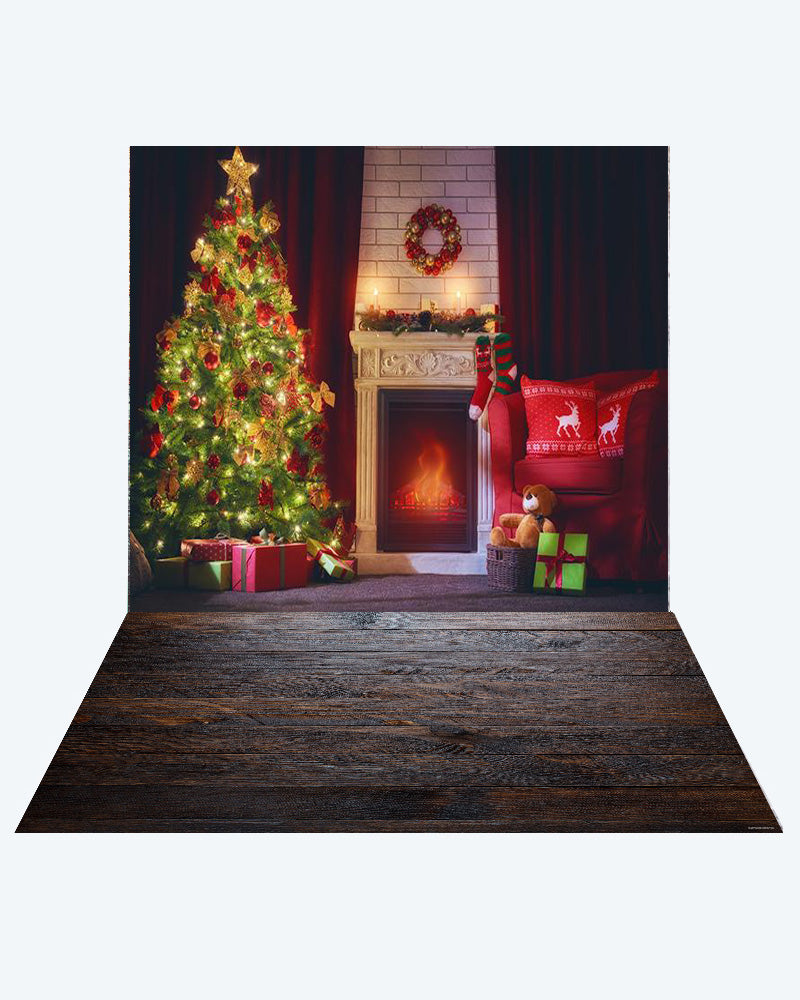 Kate Christmas Fireplace Photography +Dark wood floor mat