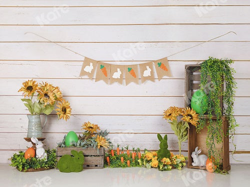 Kate Easter/Spring Sunflowers Carrots Rabbit Wood Wall Backdrop Designed by Jia Chan Photography