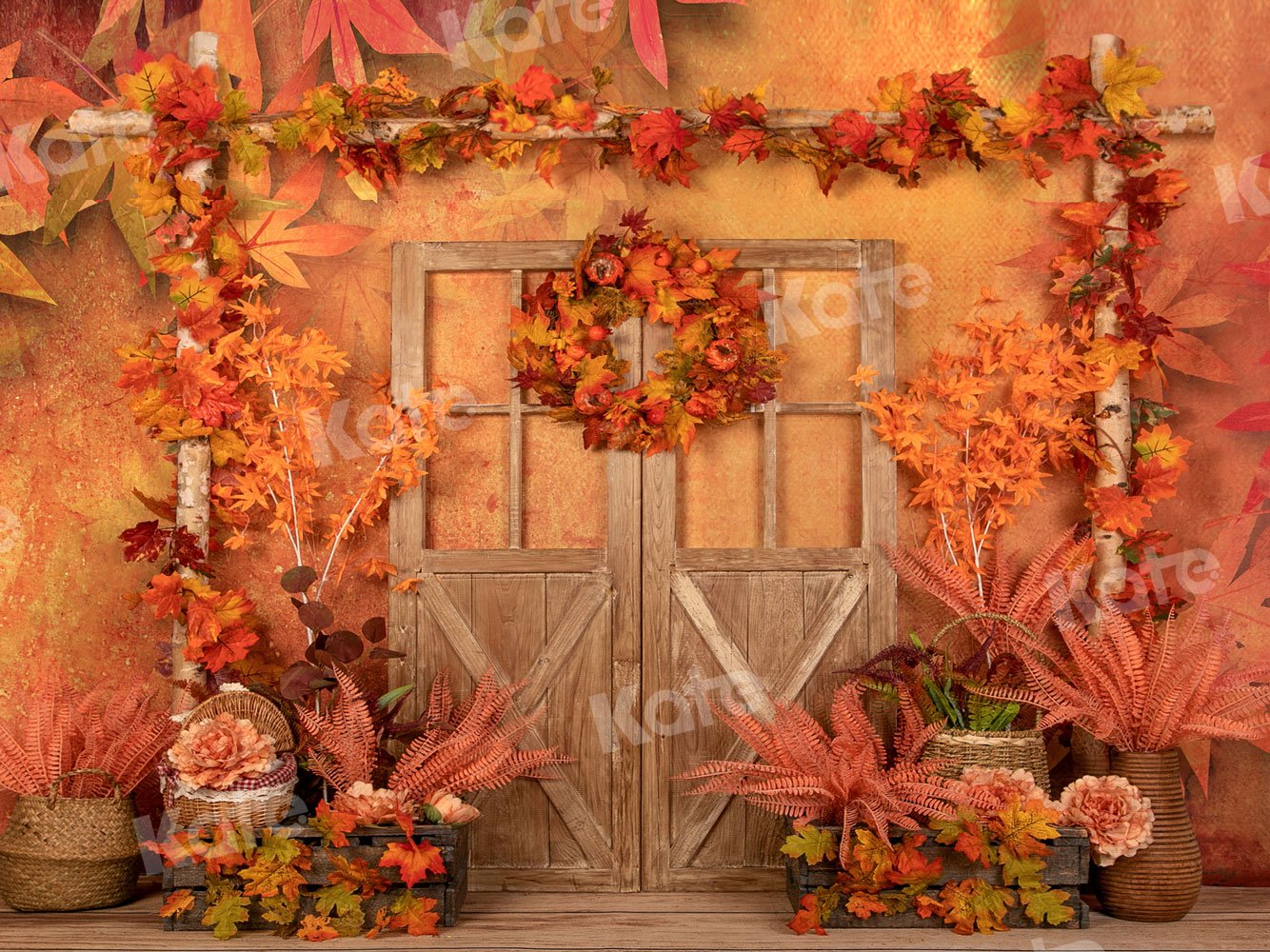 Kate Autumn Maple Leaves Wood Door Backdrop Designed by Jia Chan Photography -UK