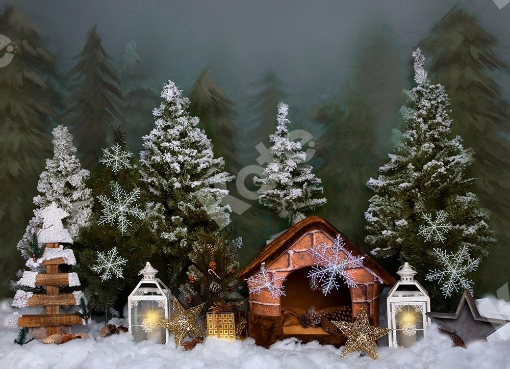 Kate Winter Backdrop Snow Tree with Wooden House for Christmas Designed by Jia Chan Photography -UK