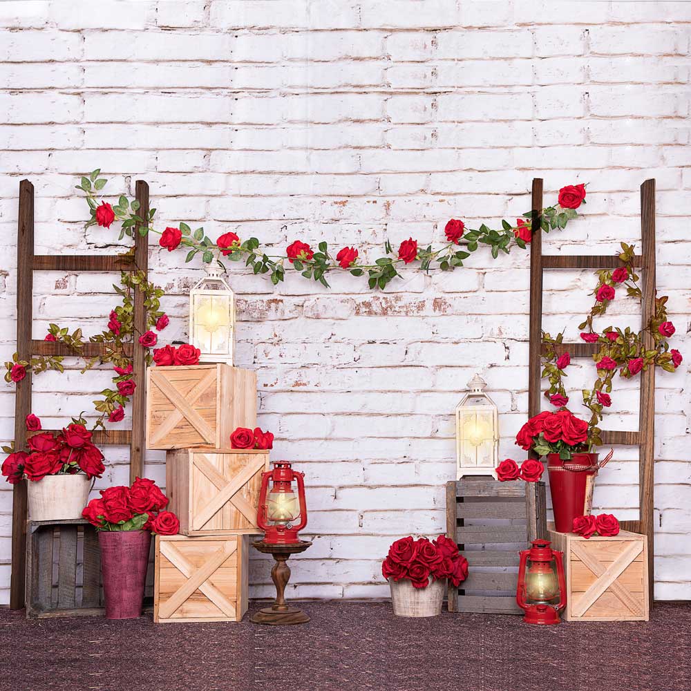 Kate Valentine's Day Roses White Brick Wall Backdrop Designed by Emetselch -UK