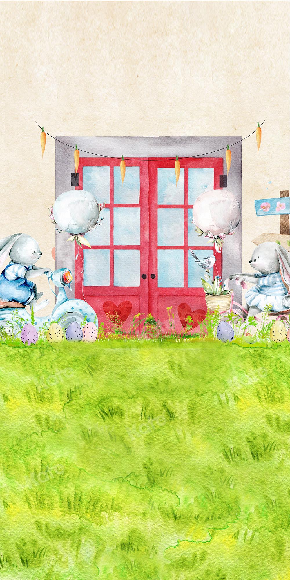 Kate Sweep Easter Red Window Bunny Grass Backdrop Designed by Chain Photography -UK