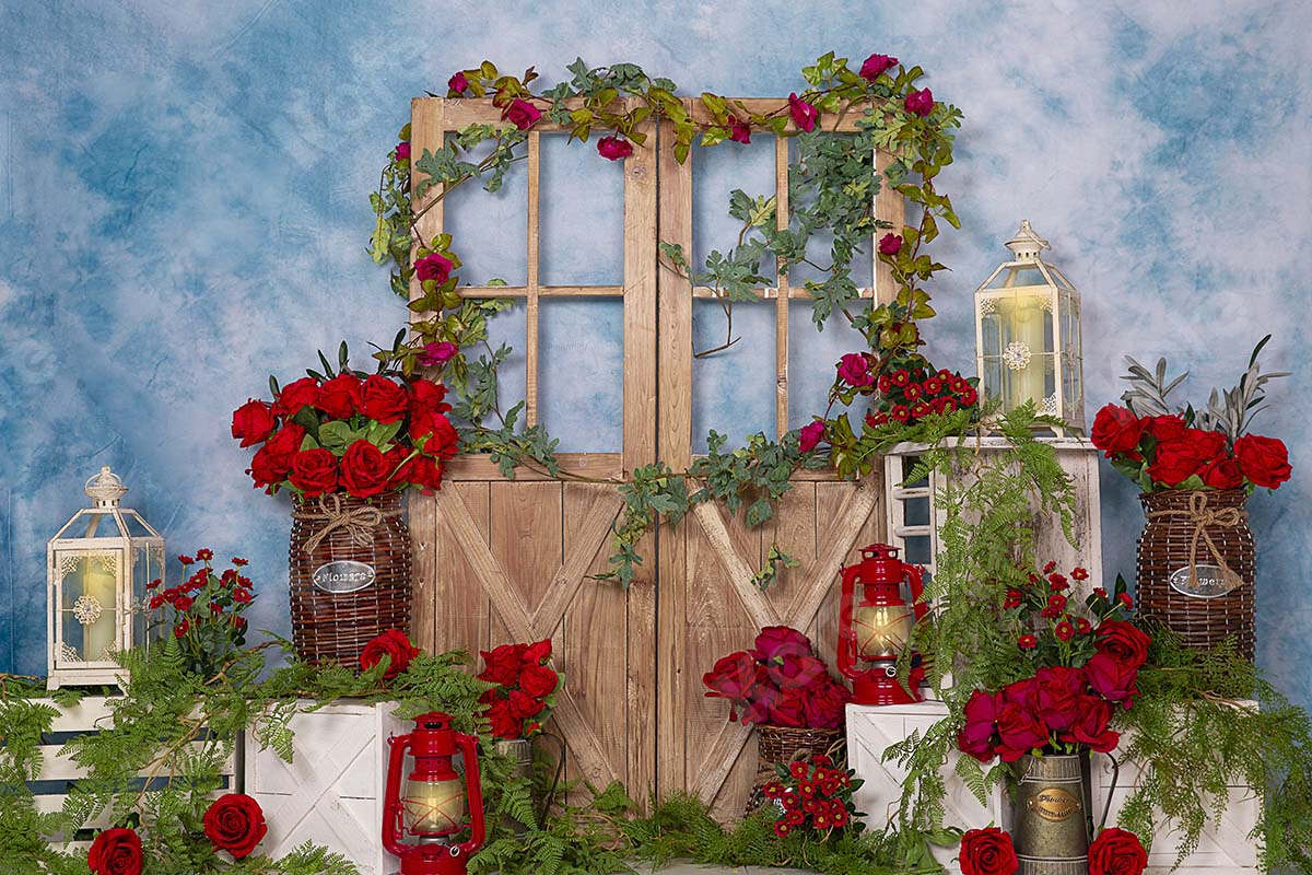 Kate Spring Red Rose Flowers Door Blue Backdrop Designed by Emetselch -UK