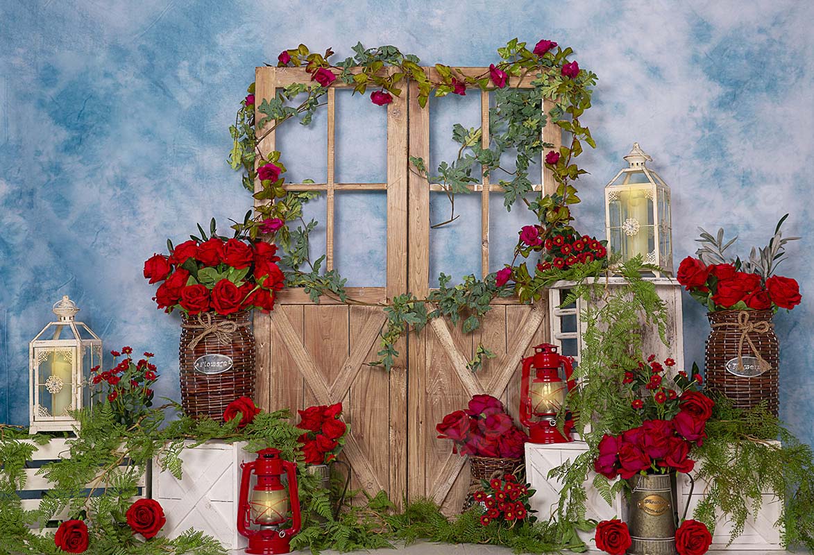 Kate Spring Red Rose Flowers Door Blue Backdrop Designed by Emetselch -UK