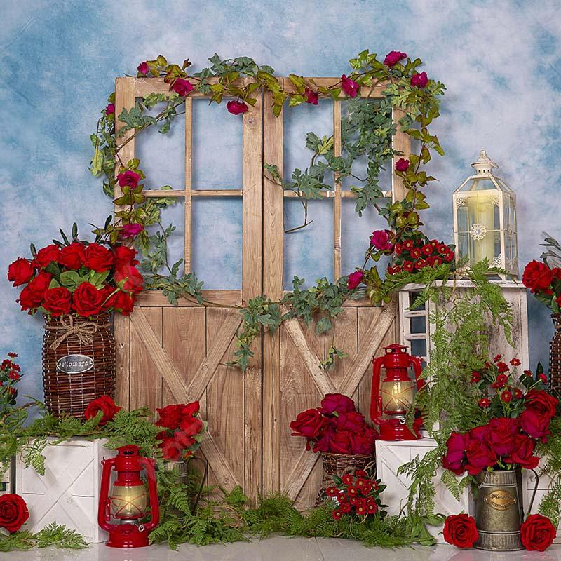 Kate Spring Red Rose Flowers Door Blue Backdrop Designed by Emetselch -UK