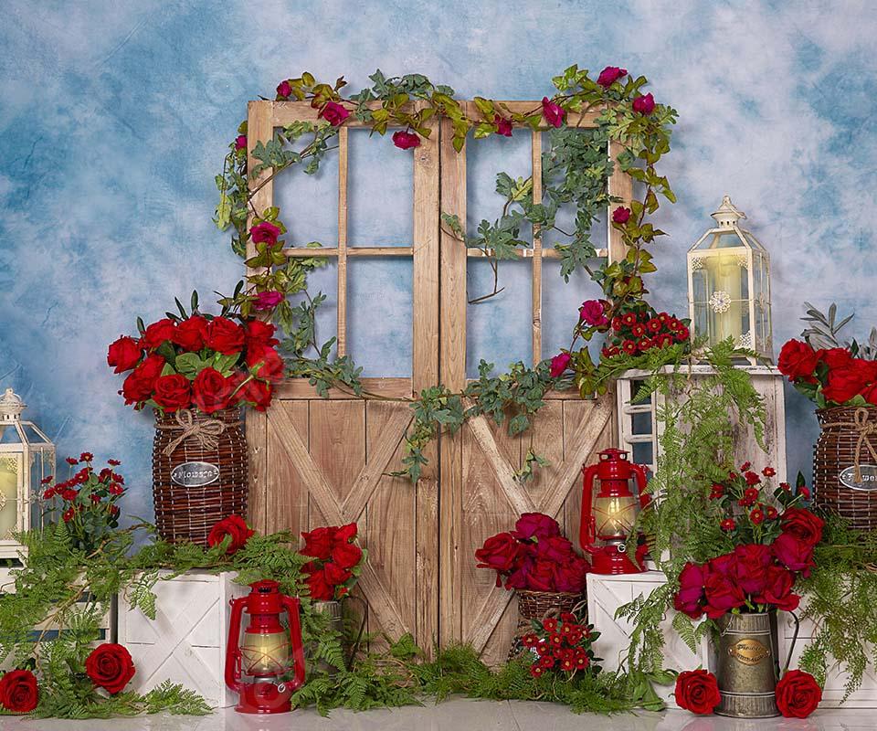 Kate Spring Red Rose Flowers Door Blue Backdrop Designed by Emetselch -UK