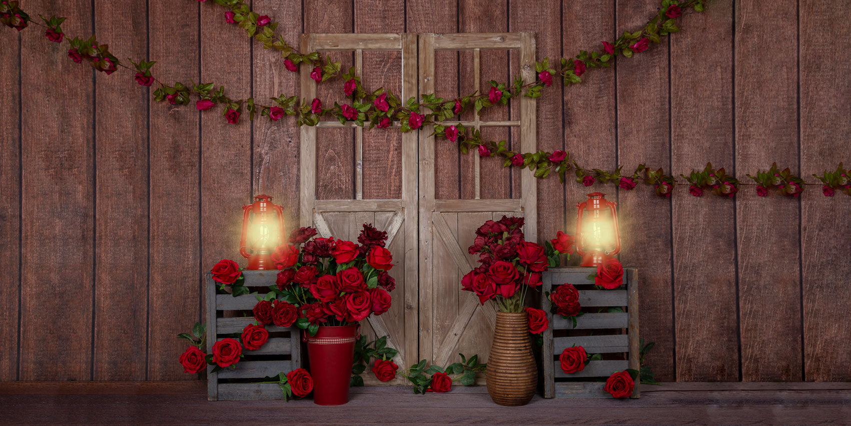 Kate Valentine's Day Red Roses Wood Lights Backdrop Designed by Emetselch -UK
