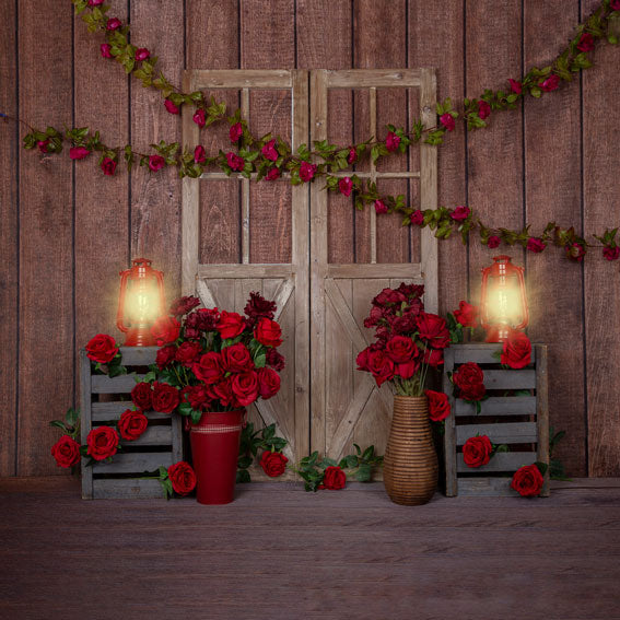 Kate Valentine's Day Red Roses Wood Lights Backdrop Designed by Emetselch -UK