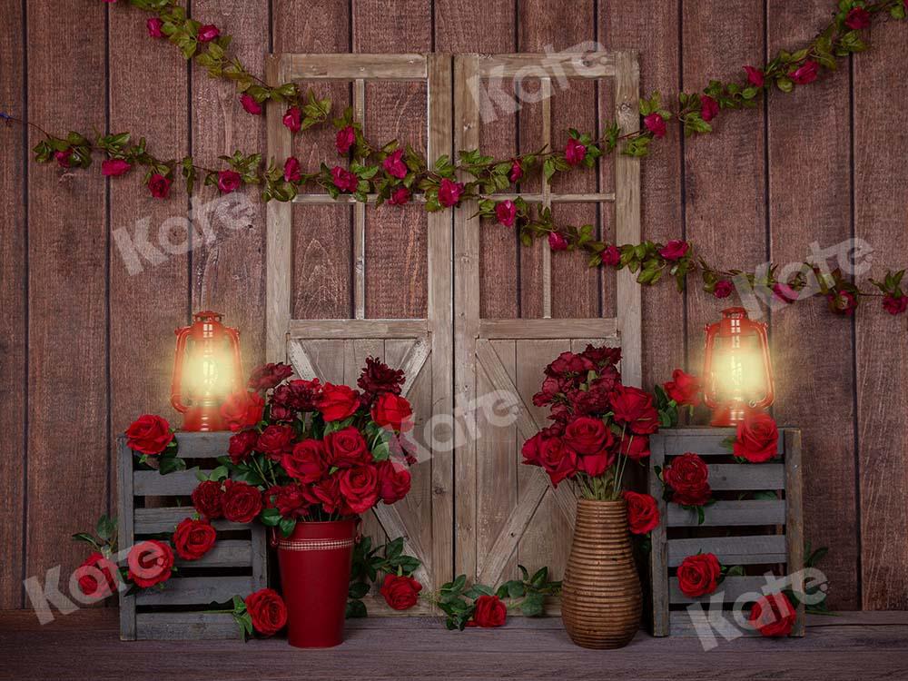 Kate Valentine's Day Red Roses Wood Lights Backdrop Designed by Emetselch -UK