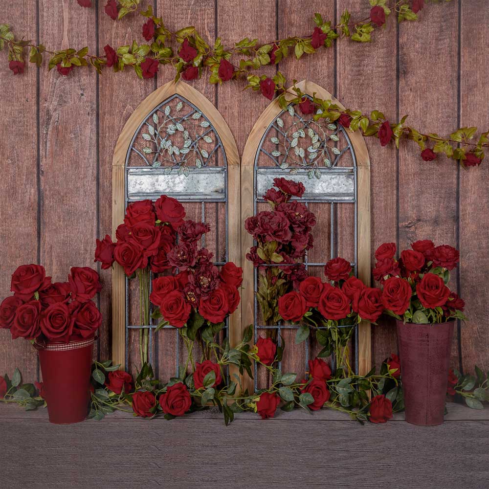 Kate Valentine's Day Red Roses Wood Window Backdrop Designed by Emetselch -UK