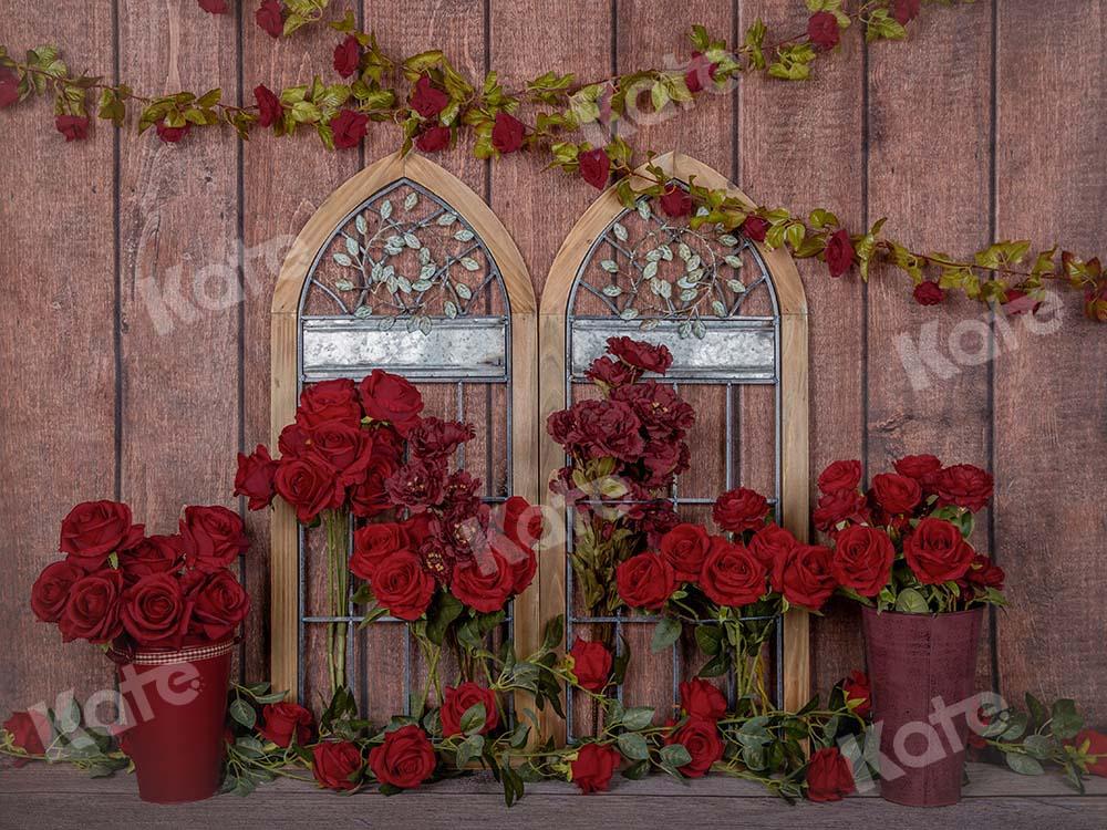 Kate Valentine's Day Red Roses Wood Window Backdrop Designed by Emetselch -UK