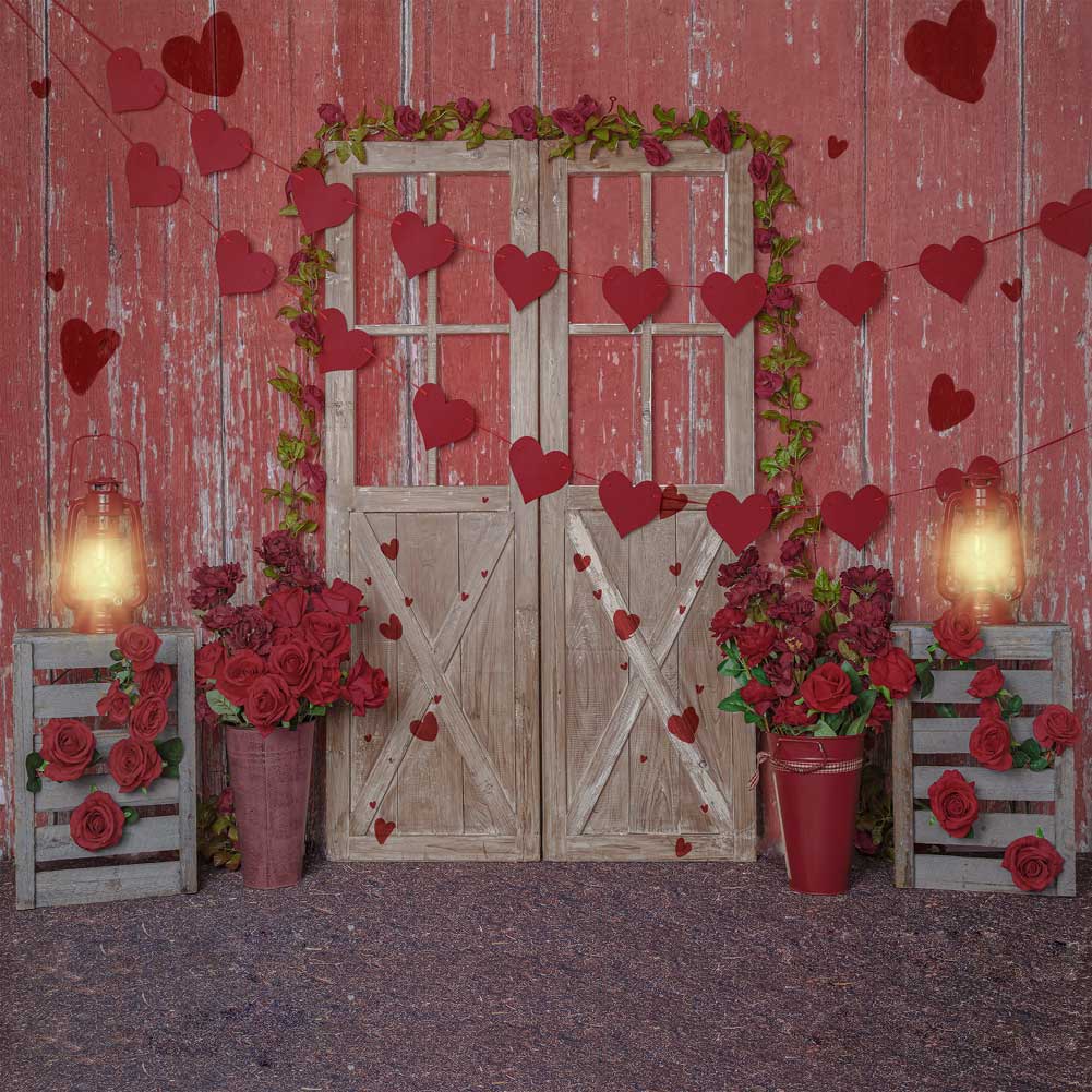 Kate Valentine's Day Roses Lights Red Wood Backdrop Designed by Emetselch -UK