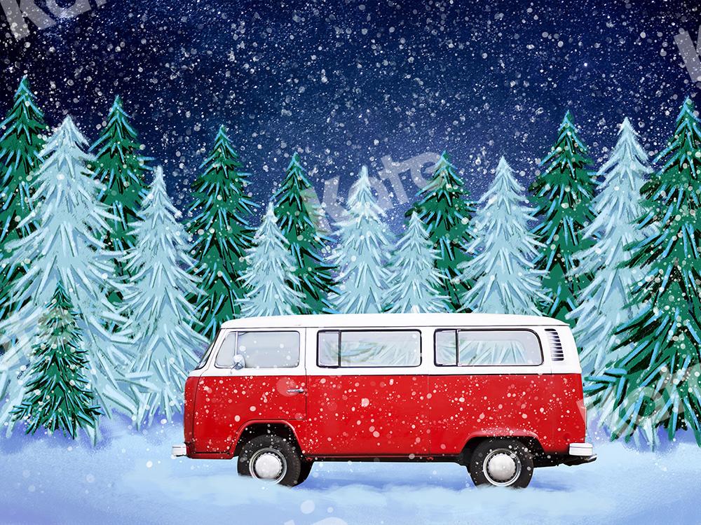 Kate Xmas Backdrop Snow Forest Red Car Designed by GQ -UK