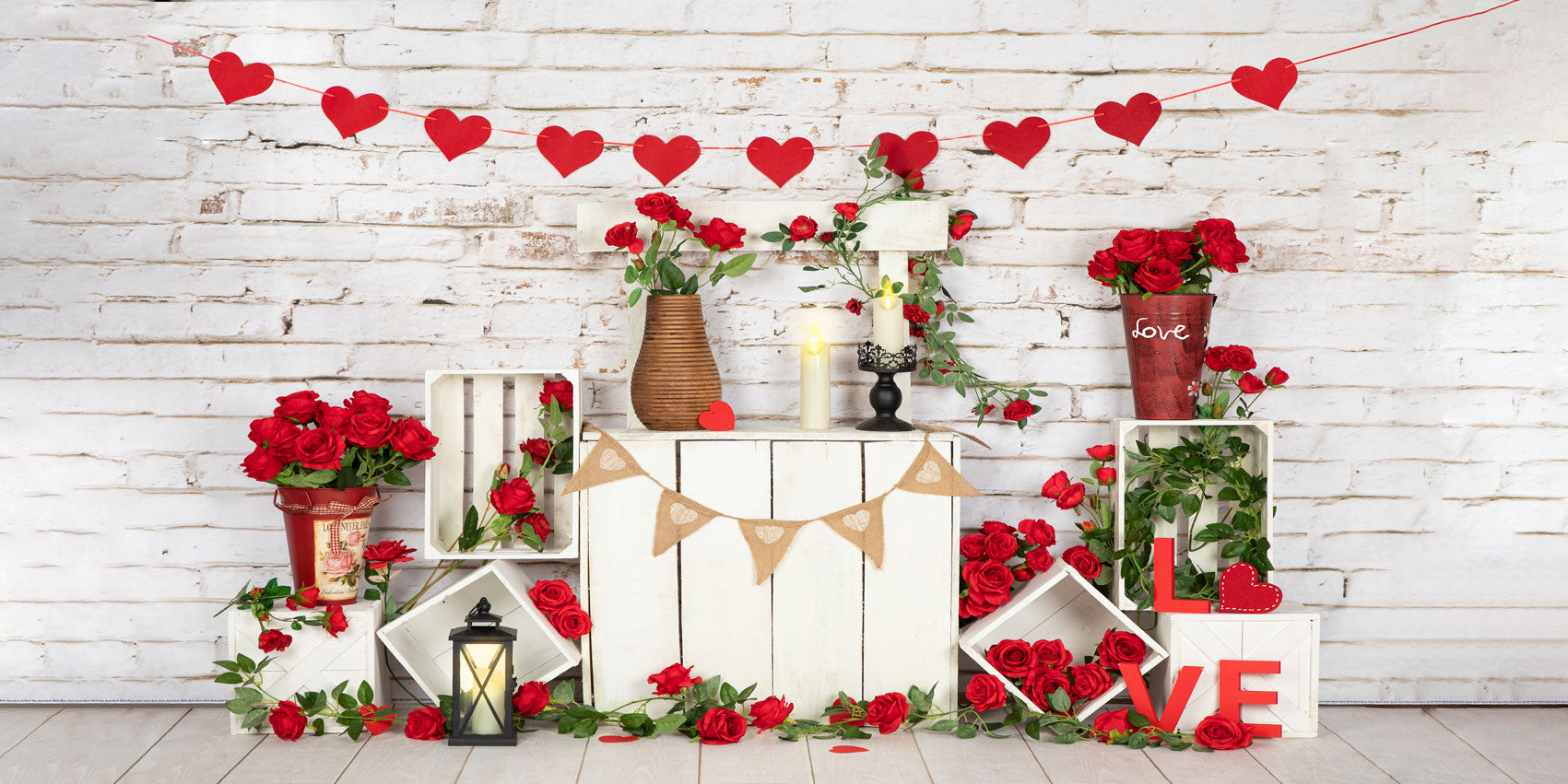 Kate Valentine's Day Roses Stand White Brick Wall Backdrop Designed by Emetselch -UK
