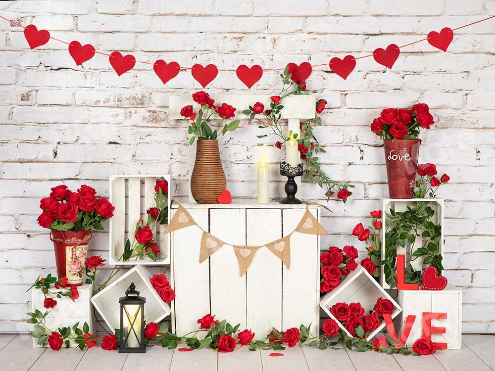 Kate Valentine's Day Roses Stand White Brick Wall Backdrop Designed by Emetselch -UK