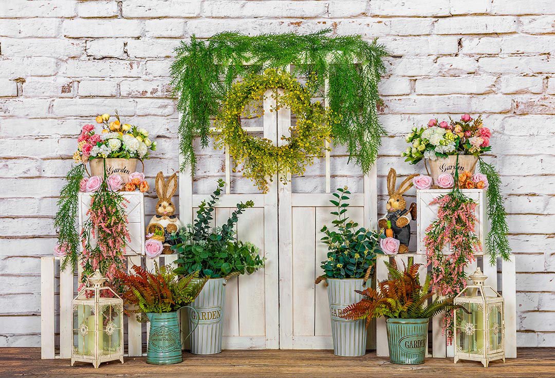 Kate Spring Vines Door White Brick Wall Backdrop Designed by Emetselch -UK