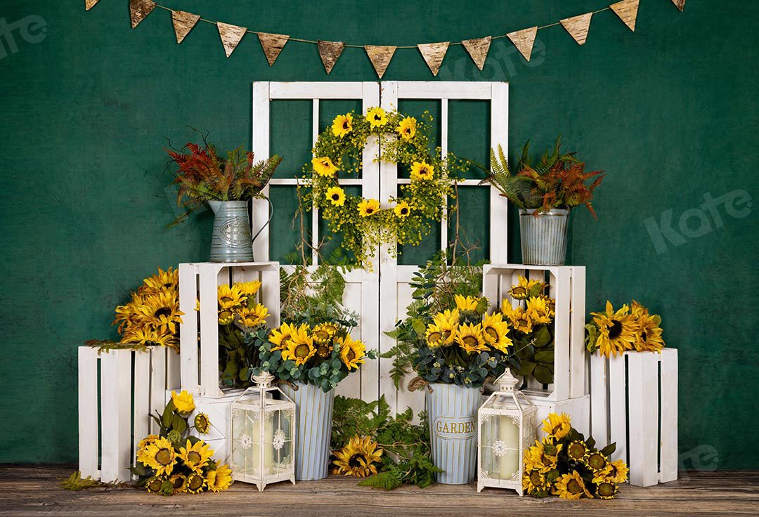 Kate Spring Sunflowers White Door Green Backdrop Designed by Emetselch -UK