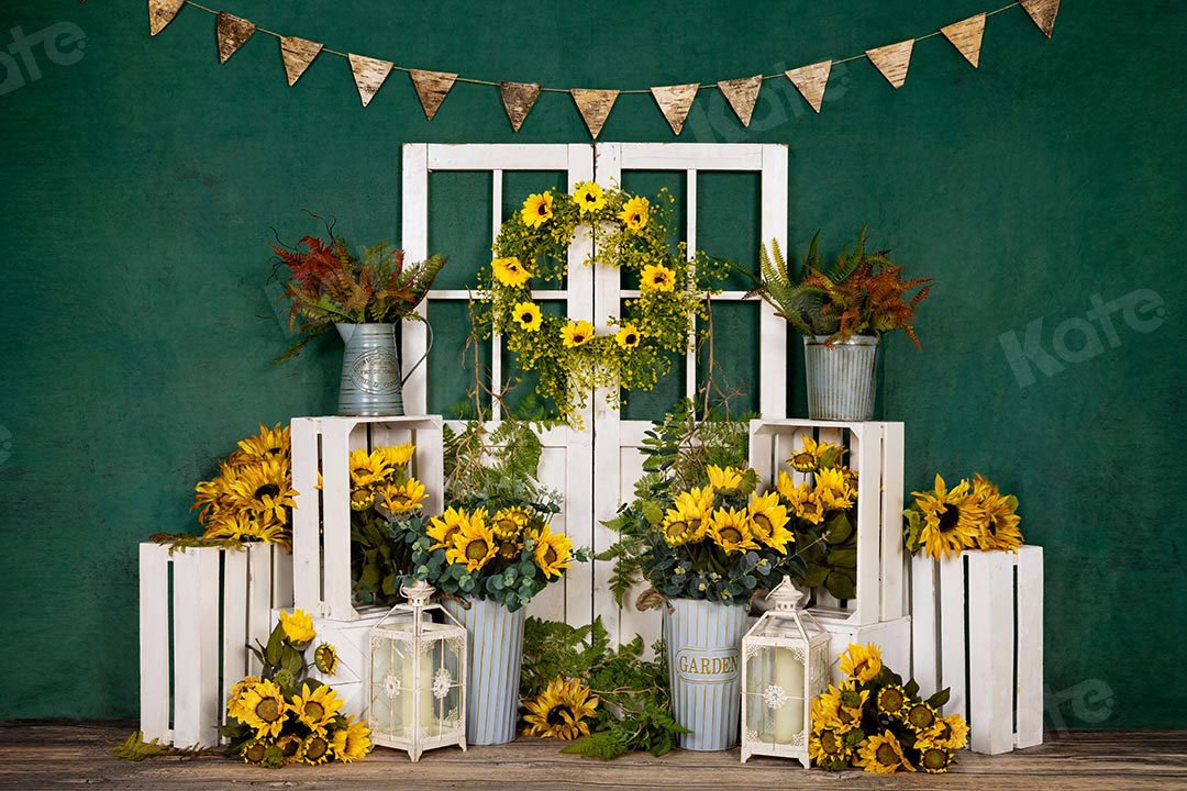 Kate Spring Sunflowers White Door Green Backdrop Designed by Emetselch -UK