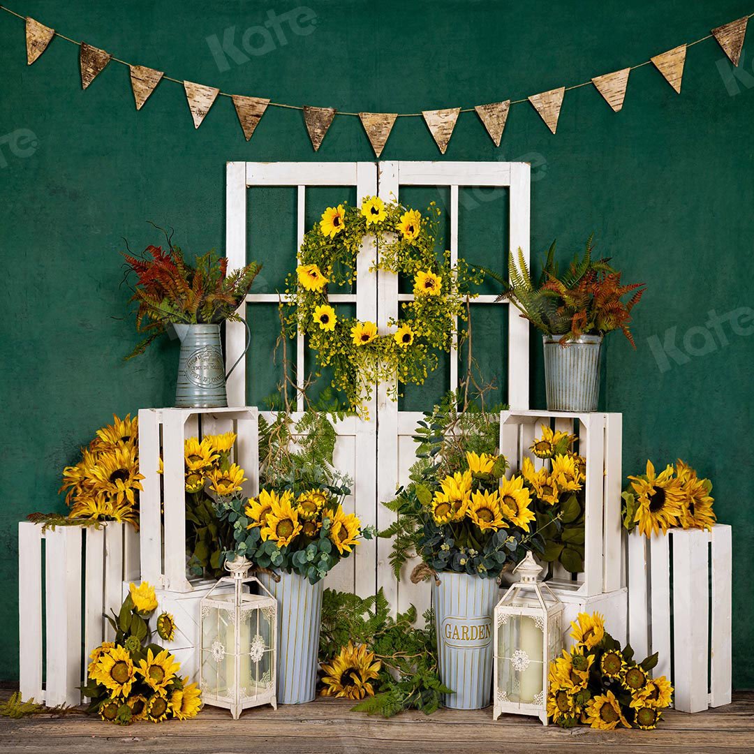 Kate Spring Sunflowers White Door Green Backdrop Designed by Emetselch -UK