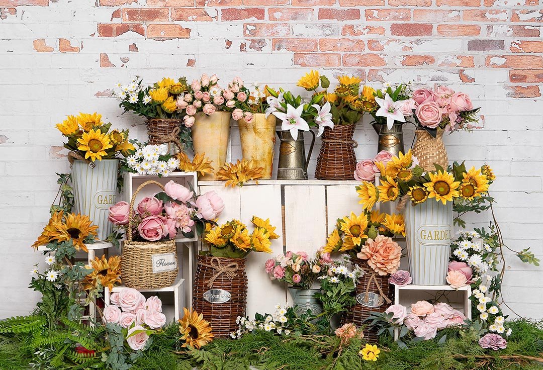Kate Spring Flower Shop Sunflower Brick Wall Backdrop Designed by Emetselch -UK