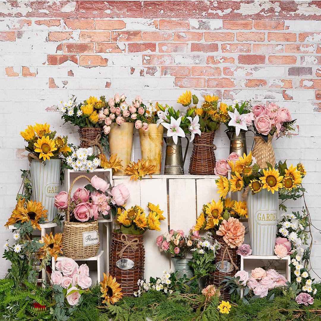 Kate Spring Flower Shop Sunflower Brick Wall Backdrop Designed by Emetselch -UK