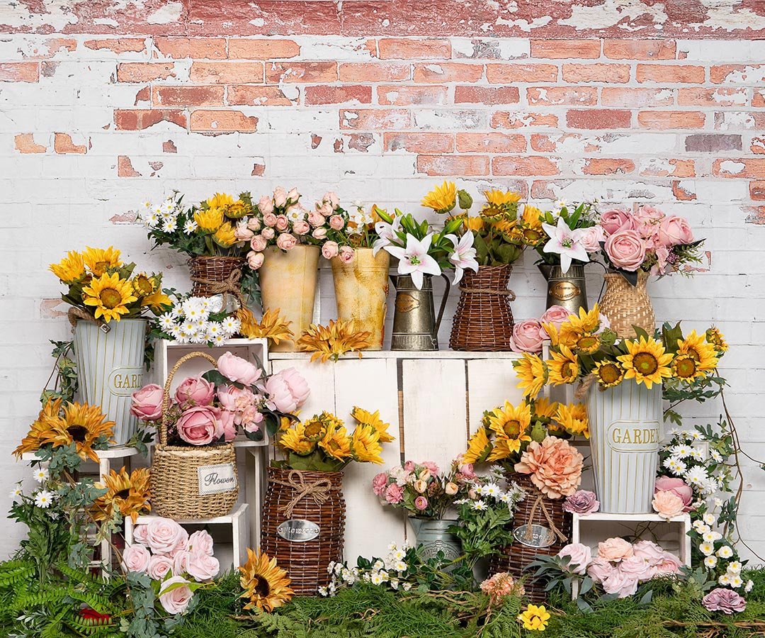 Kate Spring Flower Shop Sunflower Brick Wall Backdrop Designed by Emetselch -UK