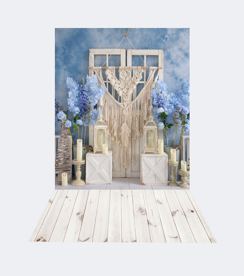 Kate 8x8ft Boho Blue Backdrop + 5x8ft Retro White Wood Rubber Floor Mat for Photography -UK