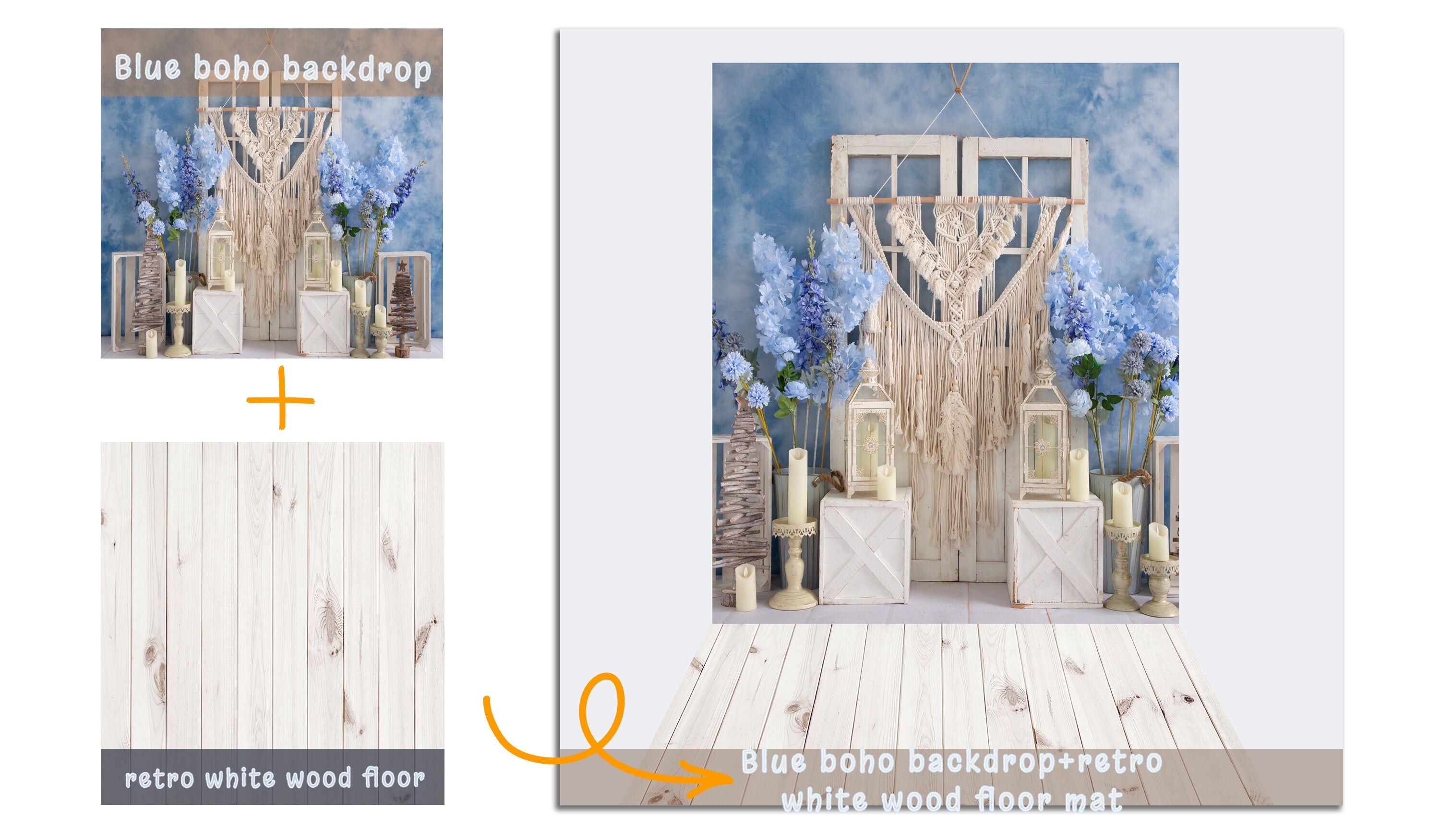 Kate 8x8ft Boho Blue Backdrop + 5x8ft Retro White Wood Rubber Floor Mat for Photography