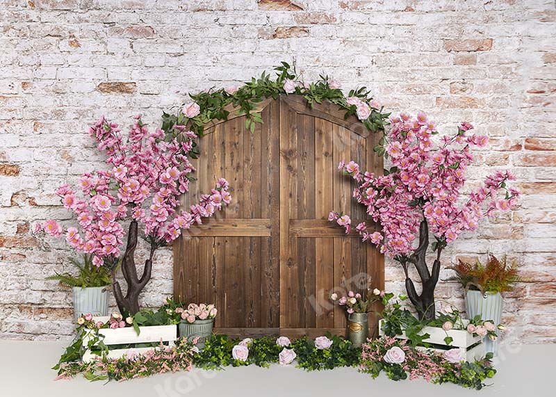 Kate Spring Peach Blossom Wood Door Brick Wall Backdrop Designed by Emetselch -UK
