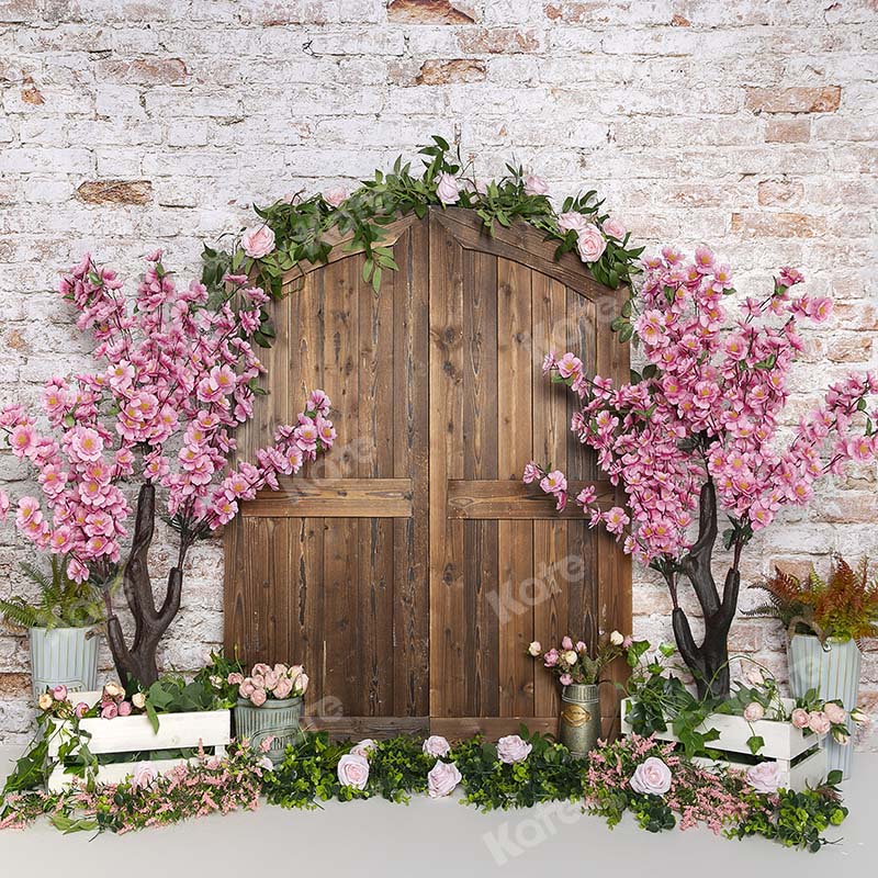 Kate Spring Peach Blossom Wood Door Brick Wall Backdrop Designed by Emetselch -UK