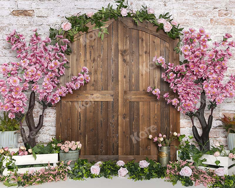 Kate Spring Peach Blossom Wood Door Brick Wall Backdrop Designed by Emetselch -UK
